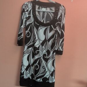Black and White Swirl Long-Sleeve Dress with Embellished Scoop Neck
